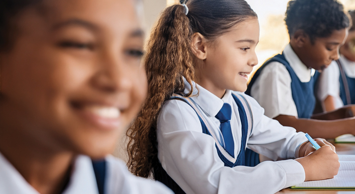 EDUCATION FOCUS Independent schools – exploring the benefits Young children, in school uniform, happy learning, in classroom